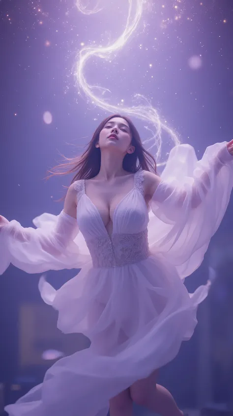 The moment you wake up to your sixth sense, Mysterious Girl, closed eyes, floating grains of light, Long Swaying Hair, fantastic space, Purplish Light, mystical atmosphere