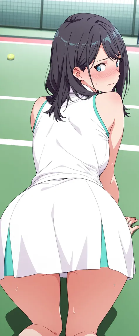 high resolution, Adult Women , Good Lighting, Despicable, , (tennis court,on all fours), (((tennis wear,undercoat))), , Abdominal area only, (), , cute face, I' m I'm so embarrassed that I blush, ((Looking back)), (())(ring with hand near side angle)...