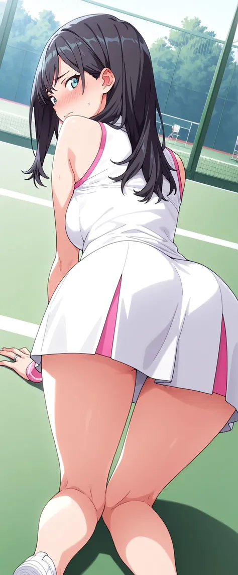 high resolution, Adult Women , Good Lighting, Despicable, , (tennis court,on all fours), (((tennis wear,undercoat))), , Abdominal area only, (), , cute face, I' m I'm so embarrassed that I blush, ((Looking back)), (())(ring with hand near side angle)...