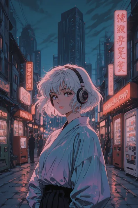  A futuristic retro evening in Tokyo ,   Short haired woman  ,  She had light hair and a holographic jacket..  She stands at a busy intersection ,  city pop with headphones .  Her eyes are glued to vintage vending machines .,  expressions that evoke intere...