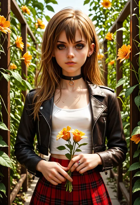 ((young model, portrait shot)), masterpiece, best quality, newest, absurdres, highres, 1girl, girl holds bouquet of flowers, trellis, kudzu, peeling paint, ((Caucasian girl)), Western features, white girl, ((slender body)), ((short girl), (4k, 8K), long ha...