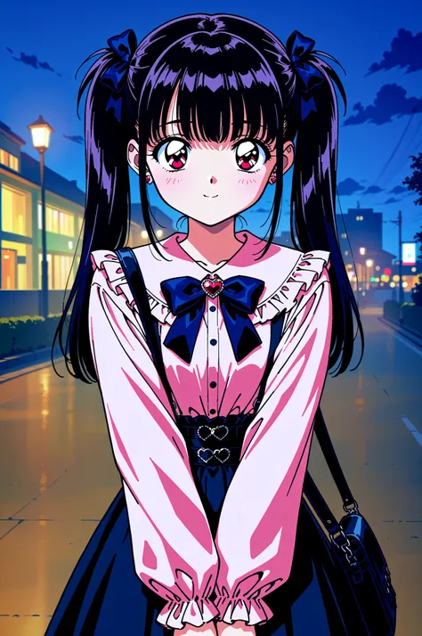 high-resolution image,masterpiece,Highest Quality,1990s anime style,girls,cute face,clean skin,shiny hair,super detailed eyes, jirai kei, dark haired, bow, twin tails, bag,pink shirt,black skirt,stupid hair
