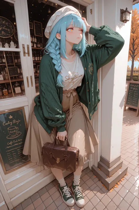 score_9,(masterpiece, best quality, dynamic angle),1girl,cute,kawaii,bishojo,blunt bangs,skyblue hair, medium hair,(a single big braid draped over shoulder),small breast,full body,
BREAK
light orange eyes,eyes detail,big eyes,large pupil of eyes,
BREAK
wea...