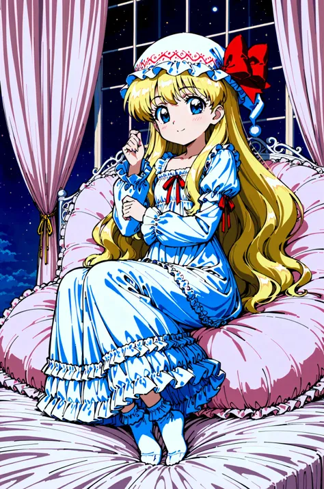 Highest Quality, masterpiece, highest resolution, art work, super get used to it, many Become familiar with, Become familiar with, get used to it,change,1990s anime style,little girl, Before going to bed,((12 years old)),European,((long blonde hair:1.0)),(...