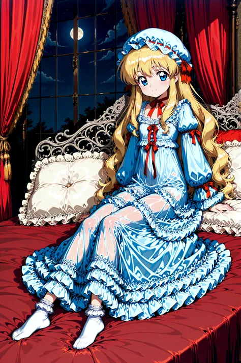 Highest Quality, masterpiece, highest resolution, art work, super get used to it, many Become familiar with, Become familiar with, get used to it,change,1990s anime style,little girl, Before going to bed,((12 years old)),European,((long blonde hair:1.0)),(...