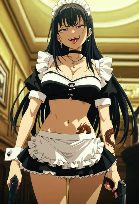 masterpiece, best quality, amazing quality, depth of field,  long hair, black hair, dark blue eyes,  red lipstick,  angry eyes,  solo,nail polish , , makeup , ear piercing , long hair , lipstick , Hot girl , baddie , smoking , sensual , attractive , choker...