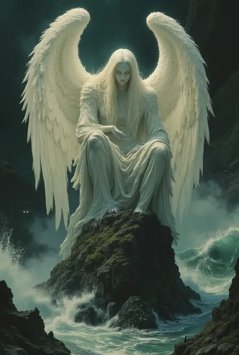 Create an image of a humanoid being with wings sitting on a rock while in the back there is a flood scene make the image in the art style of Gustave Doré