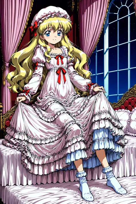 Highest Quality, masterpiece, highest resolution, art work, super get used to it, many Become familiar with, Become familiar with, get used to it,((1990s anime style,anime painting,Official Art:1.2)),little girl, Before going to bed,((12 years old)),Europe...