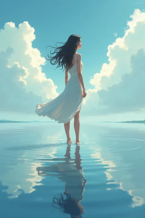 A young woman stands in a shallow lake with deep ankles, Her reflection blends with clouds in the sky. Her hair drifts in the wind, dress wet and translucent. emotional poetic illustration style, Water textures and ripples are presented with painterly accu...