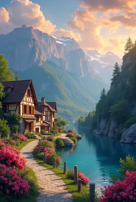 Small Village by the River、Mountains in the background々、colorful flower々、Detailed landscapes、Beautiful Natural Scenery、Atmospheric Lighting、scorching sunset、Warm shades、Realistic、photoRealstic、Detailed leaves、complex buildings、Cobblestone Streets、Charming ...