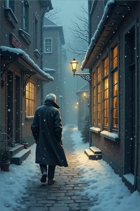 one old man, Wrapped in a long coat, Under soft snowfall，He walks slowly along the cobblestone street. As he passes windows that glow warmly from within，His breath condenses into mist in the cold air. The scene evokes nostalgia and loneliness, Blending ele...