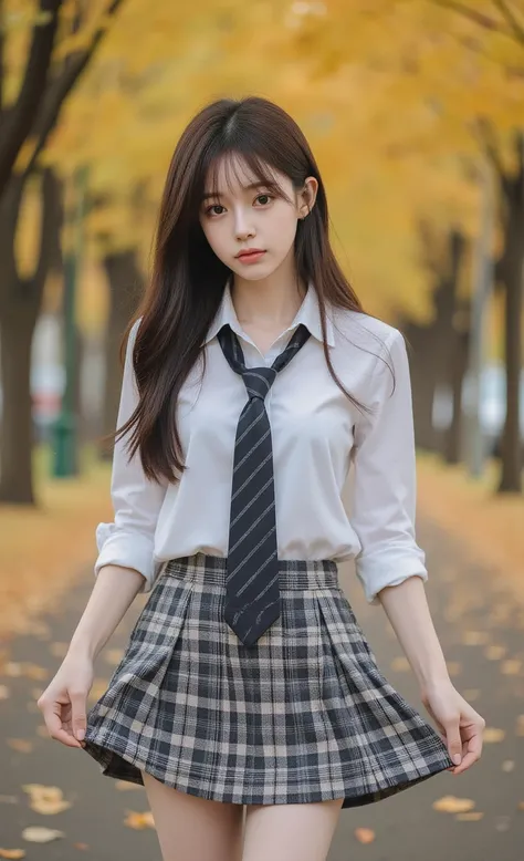 best quality, masterpiece, high sensitivity, high resolution, detailed depiction, Slender Woman, Full Body, Pretty Idol, white pale skin,cute mouth, cute eye, high nose, and the body is plump and a little plump, white skin, smooth skin,a woman with a large breast, reflections, shot with Canon EOS R5, 50mm lens, f/2.8, 8k resolution, ray tracing, perfect hands according to anatomy, 5 fingers, Focus on a beautiful girl Walking Down a Tree-Lined Avenue々Group of, october, during autumn, in autumn, Golden Autumn, golden leaves, autumn season, trending photo, november, autum, beautiful image, beautiful aesthetic, autumn season, beautiful day, in autumn, Sharp pupils, Realistic pupils, long hair, Beautiful dark brown hair, Blunt bangs, Dark blue eyes, Shirt, neck tie, Plaid miniskirt, Black socks, (Have a skirt, Lifting skirt, I can see the white panties:1.3), (Embarrassed look:1.2),