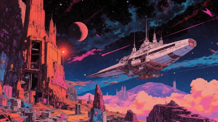 Space colonies flying over planets with universes in the background, 1980s retro sci-fi art, Interesting and colorful universe, Shining shooter star, in style by Josan Gonzales, Colorful Ink Flow in the Universe, oleh Peter Elson, in color scheme peter els...