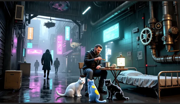 A 30-year-old homeless man with a beard, black leather jacket, light-blue pants, and black boots, in a covered alley of a futuristic city inspired by Blade Runner. He has a futuristic camping setup: table, chair, bed. A LED lantern lights the area. He eats...