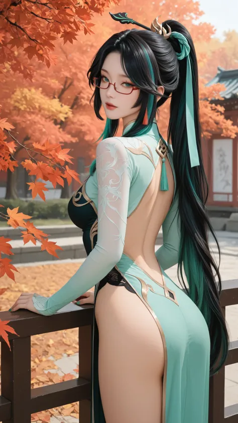 handfixer,Solo,A Mature Female(Xianyun/Genshin Impact),(under-rim eyewear,ponytail,hair ornament,long hair,black hair,multicolored hair)(Very long ponytail),Red Glasses, Green eyes,Green Nails),Wearing A White Sleevelees Cheongsam,Slim body,Outdoors,Chines...