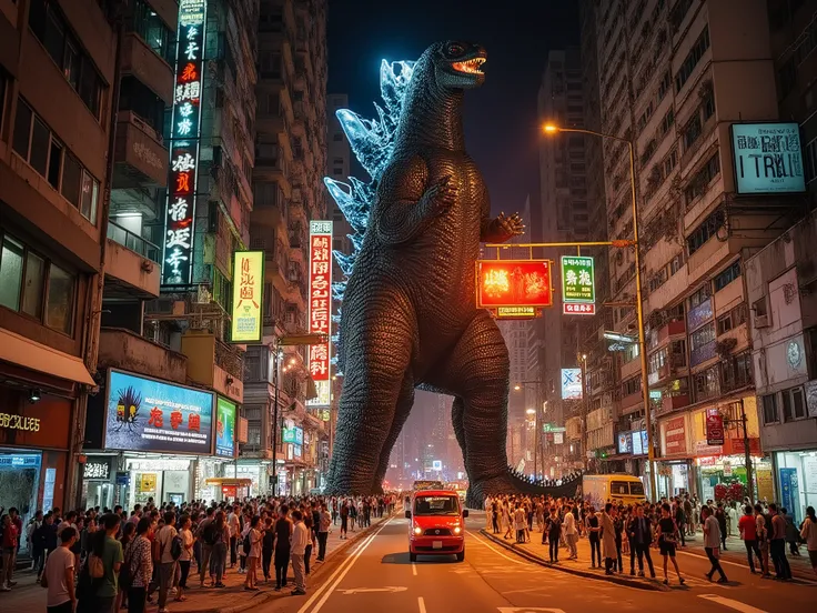 hongkong, Godzilla Has Landed on hong kong street, night, crowd street, many vehicle, fire in Godzilla mouth, glowing Godzilla back, masterpieces, best quality, highly detailed, professional camera, realistic