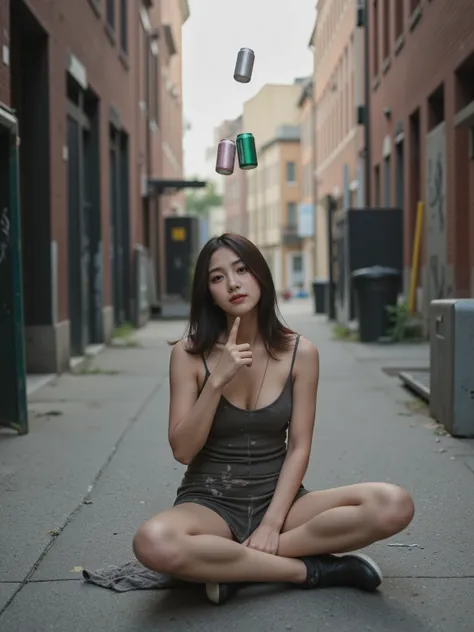 A young homeless woman sits cross-legged in a narrow alleyway, with three empty aluminum cans levitating in front of her as she raises her right index finger. She wears tattered, dirty clothing and her skin appears unwashed. The alley setting features bric...
