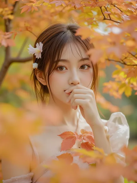 Autumn、 scenery,make-up,ethereal_makeup,Japanese,woman,Huge Breast,beautiful young woman,I'm walking through fall foliage,Elegant,soft expression,Natural Posture ,Red and yellow leaves dance,Subtle Sparkling,delicate texture,4K rendering,Realistic,delicate...