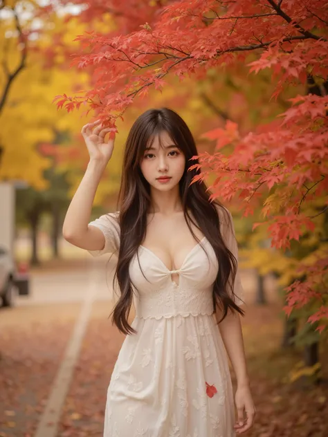 beautiful young woman,I'm walking through fall foliage,Elegant,soft expression,Natural Posture ,Red and yellow leaves dance,Subtle Sparkling,delicate texture,4K rendering,Realistic,delicate depiction of light,Natural photography,Portrait Photos,High Qualit...