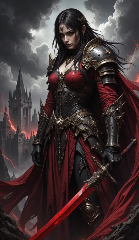 high quality,4K, detailed description, Realistic, Arbitrage, Intense Red Color, Musa, Woman with a weapon, Set a determined expression, Battle Readiness, Traditional armor, Sword Dressing, Red Sword, medieval castle, Stormy Sky, Black clouds , lightning, V...