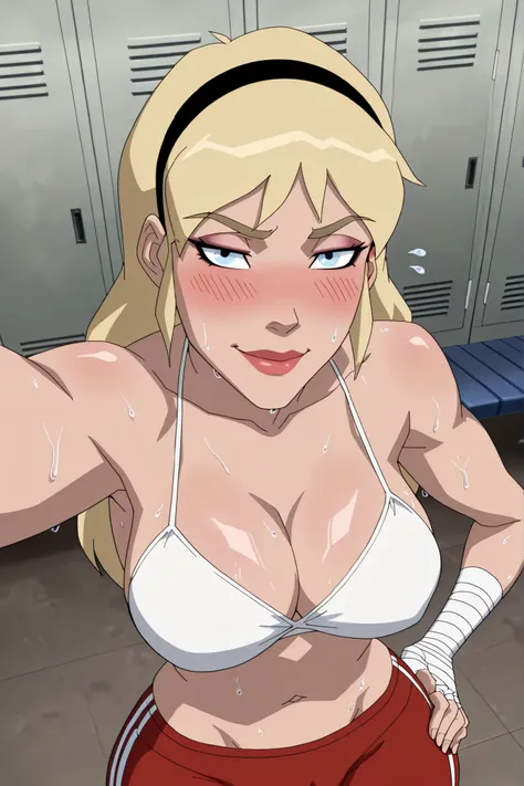 BREAK, score_6_up, score_7_up, score_8_up, score_9, 1girl, solo, long hair, blonde hair, blue eyes, lipstick, makeup, black hairband, g1rlsl, very large breasts, busty, cleavage, curvy, athletic, looking at viewer, seducing viewer, teasing viewer, seductiv...