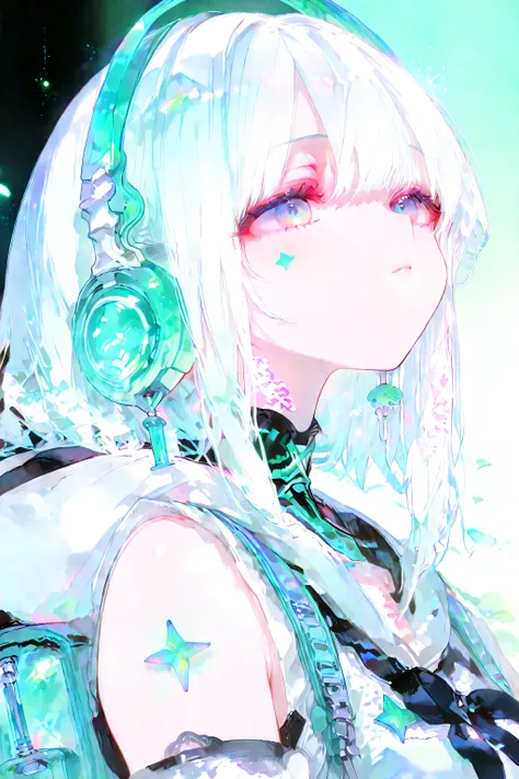 A high-resolution, ultra-detailed anime-style portrait of a futuristic girl with short white hair and pastel highlights. Her large, iridescent eyes shimmer with star-shaped reflections, and a mint-green star sticker decorates her cheek. She wears a sleek, ...