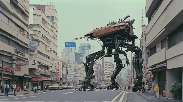 giant robot with cannons, , reelmech, Machinery Parts, Machinery , joint,
there are many cars and people on the city roads., Japan 1980s , in downtown Japan, Tokyo cityscape, Streets of Japan, vintage footage of Tokyo cityscape, Tokyo cityscape set in 19...