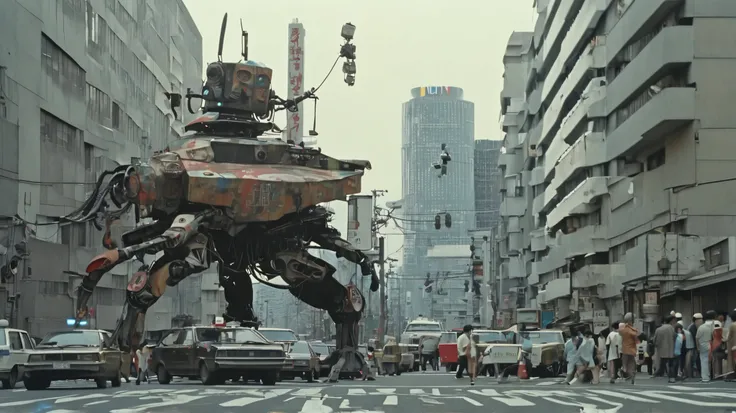 giant robot with cannons, , reelmech, Machinery Parts, Machinery , joint,
there are many cars and people on the city roads., Japan 1980s , in downtown Japan, Tokyo cityscape, Streets of Japan, vintage footage of Tokyo cityscape, Tokyo cityscape set in 19...