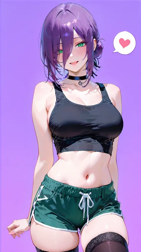 masterpiece, best quality, high quality, ultra-detailed, absurdres, 8K, (artist:sho_(sho_lwlw):0.9), (artist:ningen_mame:0.9), (artist:hiten hitenkei:0.7), (artist:rhasta:0.9), 1girl, solo, breasts, looking at viewer, blush, open mouth, simple background, thighhighs, navel, green eyes, purple hair, heart, shorts, teeth, choker, midriff, black thighhighs, medium hair, hair bun, hair over one eye, black choker, single hair bun, eyes visible through hair, spoken heart, black tank top, reze \(chainsaw man\)