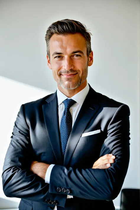 A realistic portrait of a confident male CEO wearing a tailored business suit, arms crossed, looking directly at the camera with a slight smile. The man should appear professional and charismatic. The background is a modern office with a white wall. Studio...