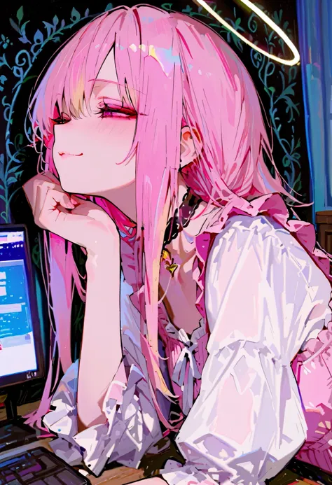 bela, fantastic, Dreamy feeling, computer art digital anime style 3D, bela, and deep computer art digital anime style 3D, letters Hello in neon colors on the background, beautiful woman's profile, sorrindo, franzindo, sorrindo, perfil de mulher, pale pink ...