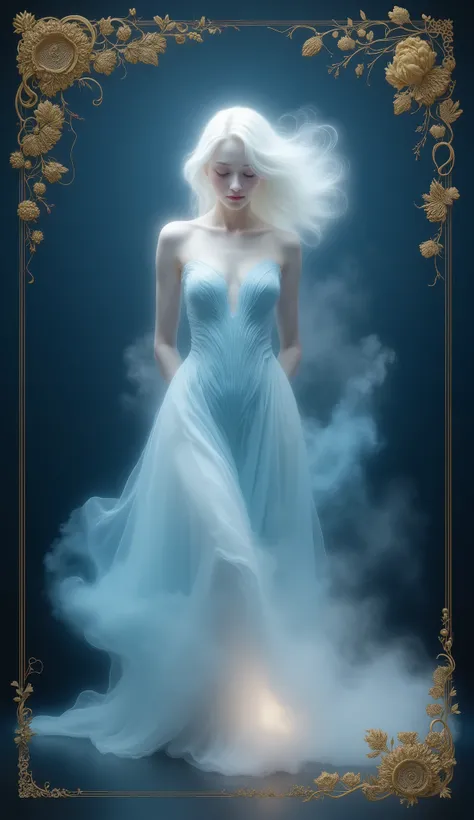 white hair fluttering for a long time、a sparkling mystical figure, Graceful blue dress. The figure consists of light and energy, Wisps of smoke or mist envelop the lower part of her dress. The background is deep blue and, Further enhanced by the addition...