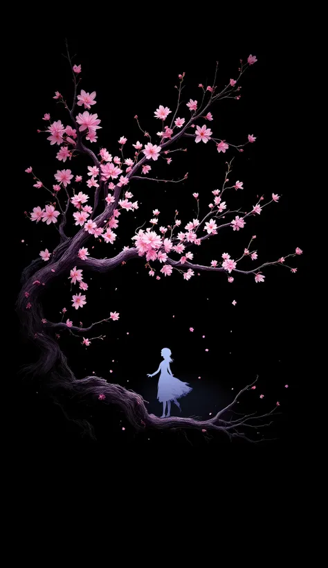 masterpiece, best quality, high quality, amazing quality, very aesthetic, ultra detailed, highres, absurdres, newest, 8k,
1girl, silhouette, solo, double exposure, cherry blossoms, branch, flower, dynamic pose,
pastel colors, black background, dark, col...