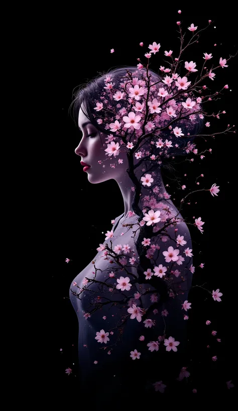 masterpiece, best quality, high quality, amazing quality, very aesthetic, ultra detailed, highres, absurdres, newest, 8k,
1girl, silhouette, solo, double exposure, cherry blossoms, branch, flower, dynamic pose,
pastel colors, black background, dark, col...