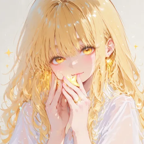 masterpiece, Highest Quality, great quality, Blonde ,golden eyes,  solo, sparkle、sparkle、reality、Thinning、detail、Thinning、high resolution、1 person、Without hands、solo、1 personの全身、simple chest background、glitter glitter 、are great、are great、 seated、black、whi...