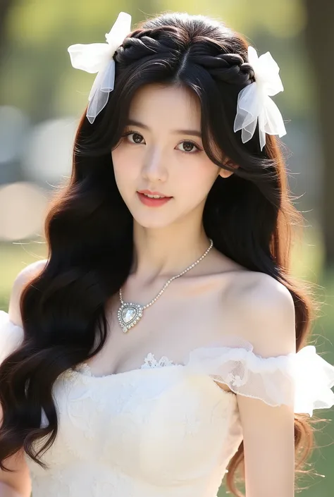 The image features a young woman with long, wavy black hair, dressed in an elegant white gown. She has a delicate and graceful appearance, with a soft expression on her face as she gazes slightly towards the camera. Her dress is adorned with lace and sheer...