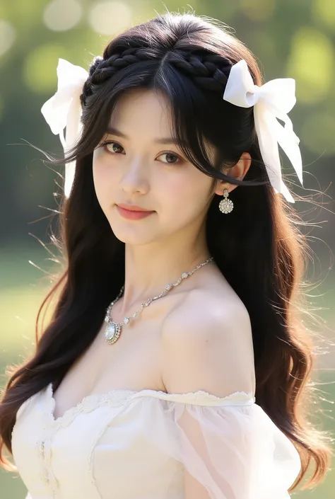 The image features a young woman with long, wavy black hair, dressed in an elegant white gown. She has a delicate and graceful appearance, with a soft expression on her face as she gazes slightly towards the camera. Her dress is adorned with lace and sheer...