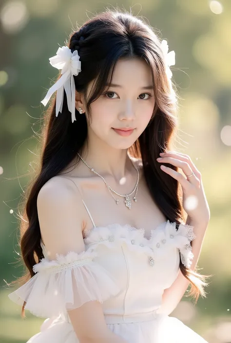 The image features a young woman with long, wavy black hair, dressed in an elegant white gown. She has a delicate and graceful appearance, with a soft expression on her face as she gazes slightly towards the camera. Her dress is adorned with lace and sheer...