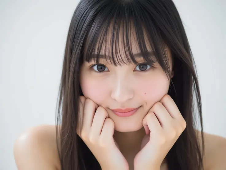 Ultra photorealistic close-up portrait of a beautiful Japanese woman,
upper-body shot, wearing a black outfit (completely out of frame, not visible),
shoulders and collarbone softly exposed,
both hands pressing her cheeks in a shy, lovestruck gesture,
...