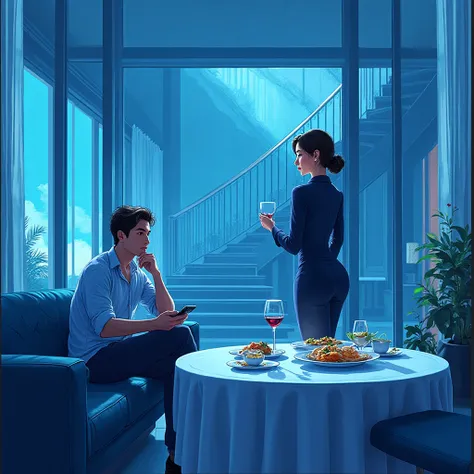 Anime style, cinematic illustration — a luxurious modern villa interior with glass walls and elegant furniture, blue-themed color grading, soft daylight streaming in. In the foreground, Ethan Stone (25, handsome but humble, casual clothes) sits on a grand ...