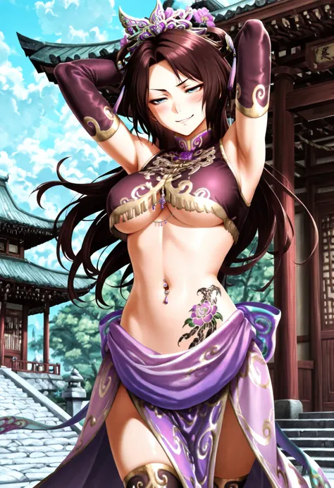 Masterpiece,top quality,amazing quality,
Diaochan,
1girl,alone,Brown Hair,long hair,Half updo,bangs,Blue Eyes,Purple Headdress, Purple Tassel ,Purple Crop Top,Split Purple Sleeves,purple gloves ,Purple Sheer Wrap Skirt,Black Legwear,
headdress, Dress, flow...