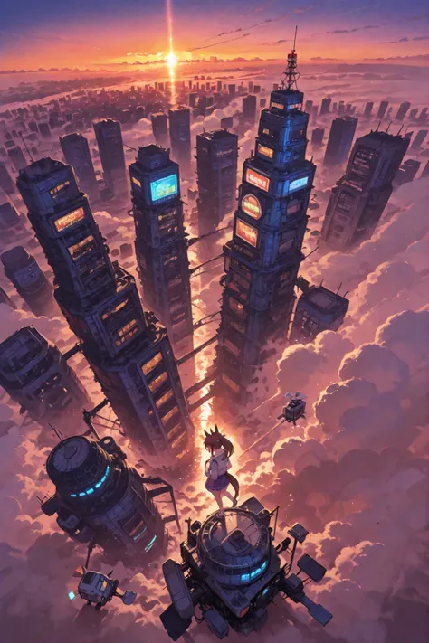 masterpiece, hishi akebono \(umamusume\), 4k, 1 girl, **(ultra massive:1.5), (colossal:1.4), (gigantic scale:1.3), towering above everything**, **aerial view, high angle, looking down from a high altitude, drone view**, walking through a neon city, tiny ca...