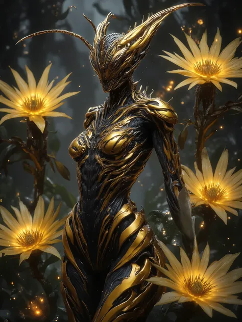 Sensual portrait of a half-woman, half-wasp creature, marked slender waist, shapely hips, majestic stinger with metallic reflections, slender antennae, shiny abdominal segments, natural bodice in golden chitinous plates, environment of giant phosphorescent...