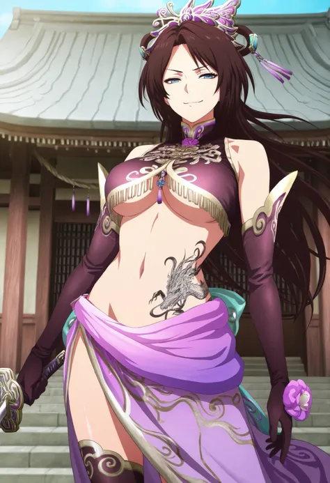 Masterpiece,top quality,amazing quality,
Diaochan,
1girl,alone,Brown Hair,long hair,Half updo,bangs,Blue Eyes,Purple Headdress, Purple Tassel ,Purple Crop Top,Split Purple Sleeves,purple gloves ,Purple Sheer Wrap Skirt,Black Legwear,
headdress, Dress, flow...