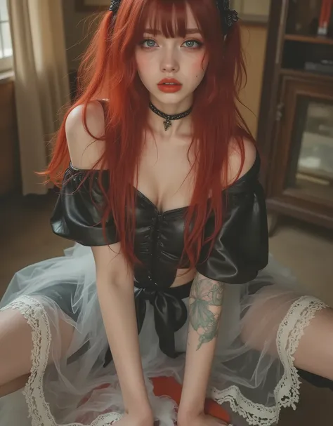 A dazzling red-haired young adult female maid with striking blue eyes, A subtly bright room. She has delicate features , sitting with legs spread confidently wearing a thin seethrough white latex apron with lace over a tight latex black dress that shows o...