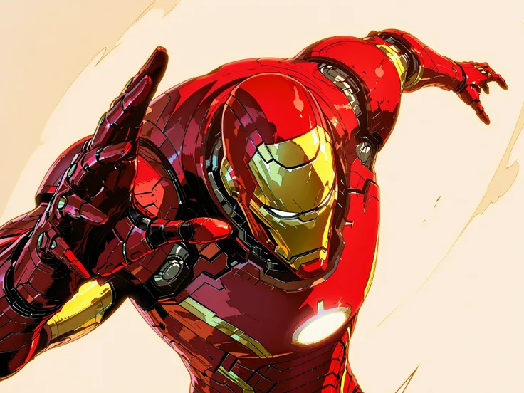 Iron man (marvel, Iron man), man, perspective, Dynamic stance, upperbody, close up, Masterpiece, newest, vibrant, very aesthetic, high contrast, best quality, solo leveling artstyle