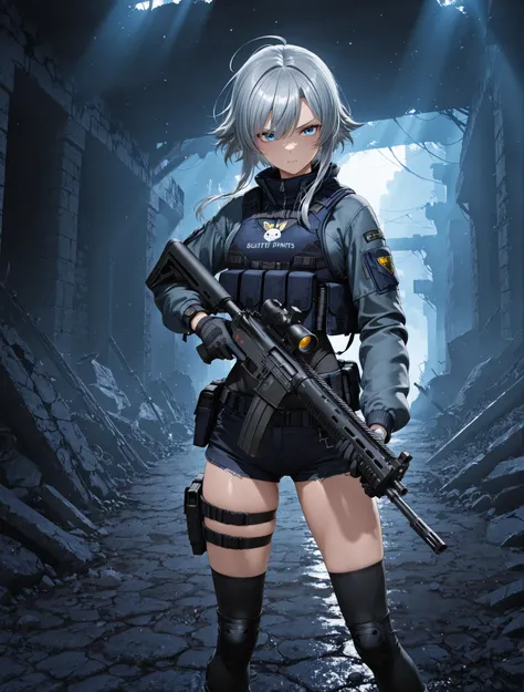 Girl Using a Gun、
(1 girl), Serious Expression、 ( long gray hair that reaches the shoulders:1.5), blue eyes , cute face、Blue Tactical Vest 、 black gloves、black knee socks、Hot Pants、Fluttering Hair with Handprints、Assault Rifles、 Intense expression、Fie...