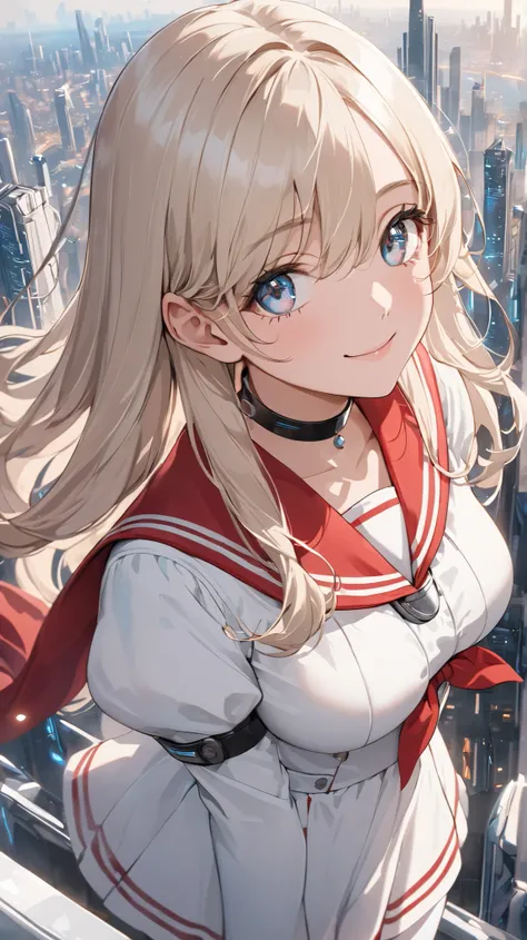 chest to top close-up , cute beautiful girl, Beautiful Pretty Curvy Teenage Face , A girl in a white sailor mini dress, Short Bolero Jacket with Juliet Sleeves , red scarf,Pioneer Choker , Platinum Blonde Long Hair, beautiful eyes. White Knee High Stocking...
