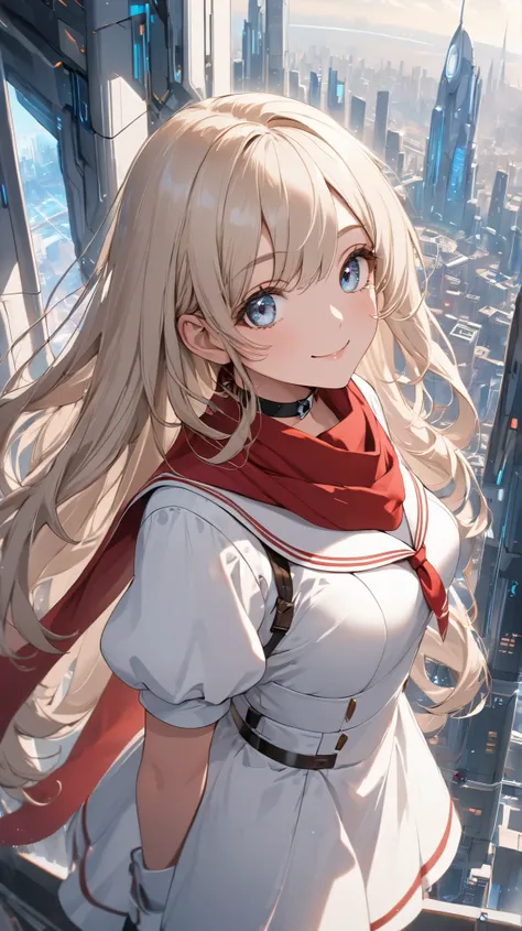 chest to top close-up , cute beautiful girl, Beautiful Pretty Curvy Teenage Face , A girl in a white sailor mini dress, Short Bolero Jacket with Juliet Sleeves , red scarf,Pioneer Choker , Platinum Blonde Long Hair, beautiful eyes. White Knee High Stocking...
