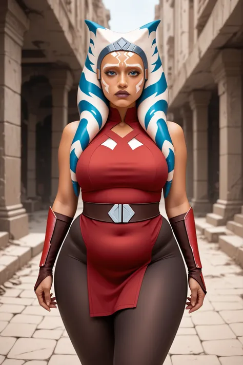 Ahsoka tano Star Wars on ruins of war, sovietic, adult, curvy, thick, chubby, overweight, embarrassed, Ahsoka's outfit, wearing her tights, fully clothed, hands on her belly, wide hips, thick thighs. orange skin, shy, embarrassed, star wars outfit, wandere...
